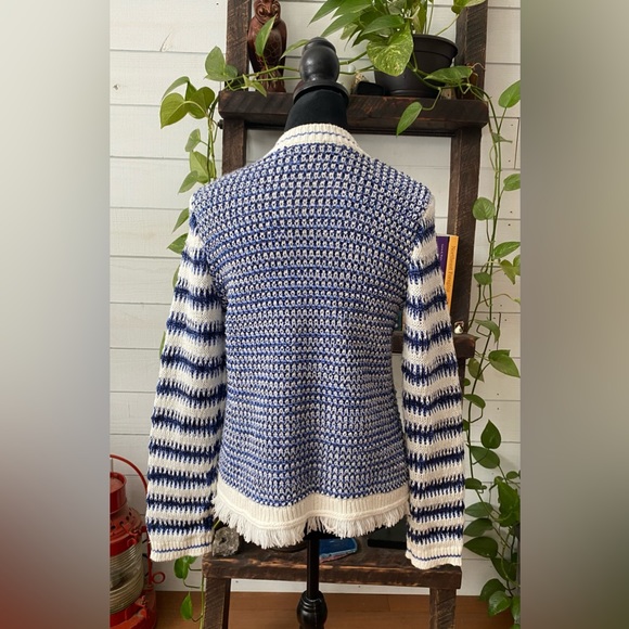 Talbots: Blue and White Mix Textured Jacket Sweater with Fringe Trim - Picture 13 of 17